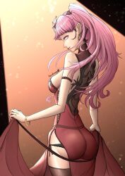 1girls alternate_costume ass bangle bangs big_ass black_panties bracelet breasts cut_bangs dancer dress earrings female female female_only ferdnayart fire_emblem fire_emblem:_three_houses from_behind highres hilda_valentine_goneril jewelry long_hair looking_at_viewer looking_back medium_breasts nintendo panties pink_eyes pink_hair ponytail red_dress sideboob smile solo spotlight thighhighs thighs twintails underwear watermark