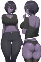 1girls ai_generated black_hair breasts clothed female female_only fit_female frooj-ai hips jeans lipstick morvid nai_diffusion purple_eyes purple_skin roblox roblox_game rogue_lineage self_upload solo stable_diffusion thighhighs thighs toned toned_female