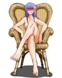 barefoot blush breasts chair completely_nude crossed_legs feet female female_only full_body gintama glasses long_hair looking_at_viewer mole_under_eye nude oniyanmasensei purple_hair red-framed_glasses sarutobi_ayame sitting smile solo