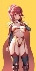 1girls absurdres anna_(fire_emblem) anna_(fire_emblem_awakening) armor black_sleeves breasts cape closed_mouth female female_only fingerless_gloves fire_emblem fire_emblem_awakening garter_belt gloves gold_trim groin hand_up high_ponytail highres index_finger_raised medium_breasts medium_hair navel nintendo ponytail red_cape red_eyes red_garter_belt red_gloves red_hair revealing_clothes secon simple_background smile solo stomach thighhighs thighs wavy_hair yellow_background