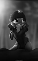 absurd_res anthro clothed clothing condom digital_media_(artwork) disney female fur grey_body happy hi_res judy_hopps lagomorph leporid mammal monochrome rabbit sexual_barrier_device simple_background smile solo topwear twilightchroma zootopia