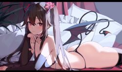 1girls ass bed big_ass bikini blush breasts brown_hair demon female genshin_impact hi_res hu_tao_(genshin_impact) on_bed pillow pose prone red_eyes seductive seductive_look small_breasts succubus succubus_costume succubus_tail thighhighs thong_bikini twintails