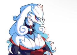 belt belt_collar cleavage collar dragon dragon_girl drunkoak female female_dragon female_focus female_pokemon fluffy fluffy_tail furry glasses legendary_pokémon necklace pokémon_(species) pokemon red_eyeshadow reshiram suit thick white_background white_fur white_hair