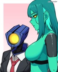 big_breasts breast_envy emotionless expressionless female female_only girl_staring_at_guy's_chest k3nnyn3v larger_female meme mindflayer_(ultrakill) mirage_(ultrakill) sideboob size_difference smaller_female ultrakill zero_suit