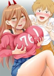 1boy 1girls big_breasts blonde_hair chainsaw_man denji_(chainsaw_man) fake_breasts female groping groping_breasts hinketsu horns power_(chainsaw_man) sharp_teeth shounen_jump smile