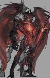 1boy aatrox aatrussy bangs black_skin colored_skin cuntboy demon demon_boy demon_wings full_body glowing glowing_eyes grey_background helmet highres intersex league_of_legends league_of_legends:_wild_rift male_focus multiple_views muscular muscular_male pussy red_eyes red_skin riot_games shiny shiny_skin solo standing sword weapon wings xkov_(cerberuskeeper)