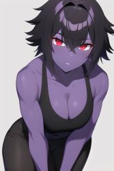 1girls ai_generated black_hair breasts clothed female female_only fit_female frooj-ai fully_clothed morvid nai_diffusion purple_skin red_eyes roblox roblox_game rogue_lineage self_upload solo stable_diffusion toned toned_female