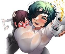 2girls beer black_bra black_hair blush bombusaya bra bra_visible_through_clothes breasts chainsaw_man cigarette clothing curvy drink drunk embarrassed eyepatch female funny green_eyes green_hair higashiyama_kobeni himeno_(chainsaw_man) large_breasts looking_at_viewer meme mole motorboating oerba_yun_fang see-through shirt short_hair shounen_jump smirk suit sweat thick thick_eyebrows wet yuri