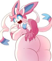 absurd_res anthro ass blue_sclera bow_ribbon breast_squish breasts butt_grab clothing cute_expression eeveelution eyelashes fangs female generation_6_pokemon genitals hand_on_breast hand_on_butt hi_res legwear lhacedor looking_at_viewer multicolored_body nintendo nipples pink_nipples pokemon pokemon_(species) pussy raised_tail rear_view ribbons solo squish sylveon thigh_highs video_games white_eyes