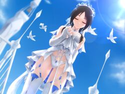 1girls bird black_hair breasts bridal_gauntlets bridal_veil bride choker closed_eyes clouds doves dress garter_straps holding leash leashed_pov leashed_viewer leotard long_hair medium_breasts nm_(tshell2761) outdoors thighhighs tiara veil wedding_dress white_dress white_leotard