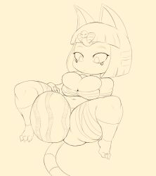 1girls 2019 animal_crossing ankha ankha_(animal_crossing) anthro bandaged_chest bandaged_leg big_breasts blank_expression breasts cat_ears cat_tail chest_wraps claws cleavage egyptian eyeliner feline female fur huge_breasts monochrome nintendo overflowing_breasts purple_yoshi_draws shortstack solo thick_thighs thighs toe_ring uncolored watermelon watermelon_crushing