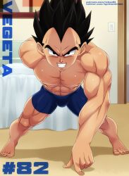 balls black_hair bulge dragon_ball dragon_ball_z flaccid ichan male male_only muscles penis push-up saiyan solo solo_male spread_legs underwear vegeta widow's_peak