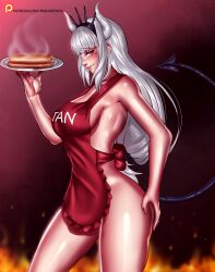 1girls apron apron_only big_breasts breasts demon demon_girl demon_horns demon_tail female female_only hair hand_on_ass headwear helltaker holding holding_plate horns lips long_hair lucifer_(helltaker) mole mole_under_eye naked_apron pashapencil plate red_apron red_eyes side_view smile solo solo_female tail white_hair