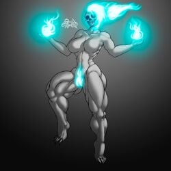 abs absurd_res blue_fire blue_pussy bone claws collar demon digital_drawing_(artwork) digital_media_(artwork) eyeless female fire genitals glowing glowing_hair gradient_background grey_background grey_body grey_skin hair hi_res humanoid humanoid_genitalia humanoid_penis light magic muscular muscular_female muscular_humanoid penis pussy rashchaos sharp_claws signature simple_background skull skull_head solo standing teeth toe_claws