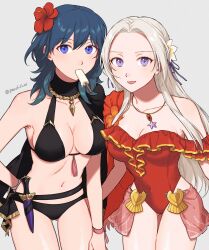 2girls alternate_costume bikini black_bikini black_swimsuit blue_eyes blue_hair breasts byleth_(fire_emblem) byleth_(fire_emblem)_(female) byleth_(summer)_(fire_emblem)_(female) cape cleavage edelgard_von_hresvelg edelgard_von_hresvelg_(summer) female female_only fire_emblem fire_emblem:_three_houses fire_emblem_heroes flower food frilled_swimsuit frills hair_flower hair_ornament highres jewelry long_hair looking_at_viewer medium_hair multiple_girls necklace official_alternate_costume one-piece_swimsuit peach11_01 popsicle popsicle_in_mouth purple_eyes red_one-piece_swimsuit red_swimsuit smile swimsuit white_hair