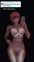 1girls abs big_breasts chainsaw_man choker female female_only femdom hayakawa_aki know_your_place light-skinned_female lingerie makima_(chainsaw_man) meme muscular muscular_female panties red_hair selfie shounen_jump white_bra white_legwear white_lingerie white_panties zaki_btw