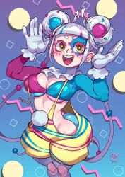 1girls blacephalon blush clown clown_girl commission face_paint female female_only gattles hair_buns happy hi_res pose sfw smile solo solo_focus thick_thighs tied_hair white_hair wide_hips yellow_eyes