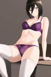 ai_generated attack_on_titan black_hair blush bra funemily1 grey_eyes mikasa_ackerman nai_diffusion panties shingeki_no_kyojin stable_diffusion tagme thighhighs white_legwear