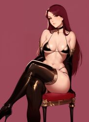 1girls ai_generated black_hair boots dominant_female dominatrix female female_only high_heels high_resolution latex long_hair looking_at_viewer micro_bikini nai_diffusion original sitting_on_chair solo source_request stable_diffusion