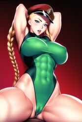 1girls abs abs_visible_through_clothing ai_generated armpits arms_behind_head army_uniform beret big_breasts blonde_hair blue_eyes braided_twintails braids busty cameltoe cammy_white child_bearing_hips covered_navel eight_pack female female_abs female_only fingerless_gloves green_bodysuit hip_bones hips large_breasts leotard military_hat military_uniform muscular muscular_female nai_diffusion navel nipples_bulge nipples_through_clothes pale-skinned_female perky_breasts perky_nipples pinup pose posing ripped_bodysuit scar_on_cheek sensual sexy_armpits simple_background skin_tight skin_tight_outfit skin_tight_suit skin_tight_thighhighs skindentation skinsuit stable_diffusion street_fighter thick_thighs thunder_thighs twintails visible_pussy wide_hips