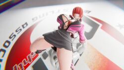 3d 4k anon asdf9146 bangs_over_eyes blender ceiling_hold exhibitionism exposed female forced_presentation helpless king_of_fighters maledom miniskirt pantyshot red_hair romero_special shermie_(kof) wrestling