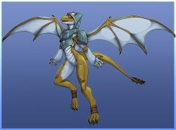 2022 anthro armor barely_visible_genitalia barely_visible_pussy bastiel blizzard_entertainment bottomless clothed clothing dracthyr dragon dragonflight eyewear female flying genitals glasses hi_res hood pussy scalie solo stopwatch_(character) video_games warcraft western_dragon