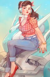 1girls 2d alternate_version_available artist_name artist_signature asian asian_female belt birds bracelet brown_eyes brown_hair brown_hair checkered_shirt cleavage clothed clothed_female covered_breasts cruiser_d.va cuffed_jeans d.va earrings female female_only flats gradient_background headphones high-waist_pants hoop_earrings jeans korean_female lipstick looking_away mecha medium_breasts midriff nail_polish navel overwatch pinup ponytail pursed_lips red_lips red_nails ribbon ribbon_in_hair scarf shirt shoes simple_background sky small_ass softcore solo solo_female thighs thin_waist tied_shirt tight_clothing