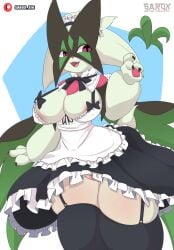 anthro breasts clothing female genitals green_body hi_res legwear looking_at_viewer maid_uniform meowscarada nintendo open_mouth pokemon pokemon_(species) pokemon_sv pussy sarox solo uniform video_games