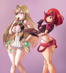 2girls ass ass_cleavage big_ass big_breasts big_butt blonde_hair breasts busty butt_crack cleavage curvy dress female female_focus female_only food hairband large_ass large_breasts light-skinned_female light_skin long_hair maakole monolith_soft multiple_girls mythra pyra red_eyes red_hair short_hair shorts sideboob simple_background tagme thighs tiara voluptuous xenoblade_(series) xenoblade_chronicles_(series) xenoblade_chronicles_2 yellow_eyes