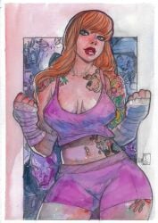 1girls 2022 big_breasts boxing_gloves clothed_female daphne_blake hanna-barbera high_resolution long_hair navel_piercing orange_hair scooby-doo tagme tamiegadelha watercolour