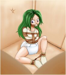 1girls ankle_cuffs ball_gag bondage breasts carotte666 diaper gag gagged green_hair long_hair medium_breasts no_pants padded_room padded_walls purple_eyes room sitting sitting_on_floor straitjacket thepaddedroom