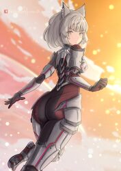 1girls armor ass ass_focus big_ass black_legwear bodysuit boots breasts cat_ears catgirl chascoby clothing evening female gloves large_ass m_(xenoblade) medium_breasts mio_(xenoblade) short_hair shoulder_pads silver_hair slim slim_waist sunset thick_thighs thighs wide_hips xenoblade_(series) xenoblade_chronicles_3 yellow_eyes