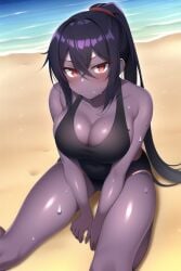 1girls ai_generated beach black_hair female female_only frooj-ai morvid nai_diffusion ocean ponytail purple_hair purple_skin red_eyes roblox roblox_game rogue_lineage self_upload solo stable_diffusion swimsuit tagme