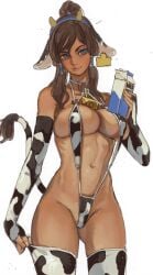 1girls avatar_legends blue_eyes cow_ears cow_print cow_print_bikini cow_tail cowbell dark-skinned_female dark_skin female female_only korra large_breasts mossa muscular muscular_female solo stockings swimsuit the_avatar the_legend_of_korra water_tribe