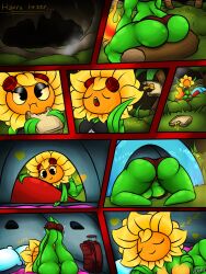 3:4 anthro ass blobslimey bottomwear breasts clothing comic crop_top eating electronic_arts elemental_creature female flora_fauna genitals green_body heart hi_res hotpants nipples plant plantie plants_vs_zombies plants_vs_zombies:_heroes popcap_games pussy rear_view shirt shorts sleeping solar_flare_(pvz) solo sunflower_(pvz) topwear under_boob undressing video_games