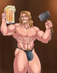 1boy abs alternate_version_available beer beer_mug blonde_hair buff bulge chest gay hammer holding_hammer holding_object human human_only light-skinned_male light_skin male_only marvel marvel_cinematic_universe mjolnir nipples pubes sexy_armpits strong thor_(marvel) thor_(series) triceramonster underwear