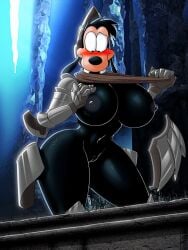 2022 3:4 anthro armor big_breasts black_body black_fur black_nose blush breasts brown_scarf canid canine canis cave clothing costume curvy_figure dark_souls disney domestic_dog dracojeff female fromsoftware fur gauntlets genitals gloves goofy grey_armor handwear headgear helmet hourglass_figure looking_down mammal max_goof metal metal_armor mtf_crossgender navel nipples pussy rule_63 scarf solo standing thick_thighs unconvincing_armor video_games wide_hips