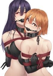 2girls arms_tied_behind_back back ball_gag bikini black_bikini black_gloves black_swimsuit bondage bound_together breasts chains collar drooling earrings eimi_(harris_hero) elbow_gloves female femsub gag gagged gloves hairclip harris_hero large_breasts linked_collar long_hair looking_at_viewer medium_breasts midriff multiple_girls multiple_subs navel orange_eyes orange_hair original purple_hair red_eyes rope rope_between_breasts rope_bondage sayaka_(harris_hero) short_hair slave swimsuit