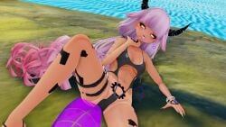 bikini chains cross dark-skinned_female dark_sclera earrings eyeball eyeballs gem glitch_effect horns nails_painted pink_hair tan_lines tattoo tongue vrchat yellow_eyes