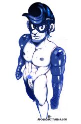 adoggoart arms_(game) bara dick gay male male_only monochrome nintendo penis pubic_hair spring_man sweat tagme