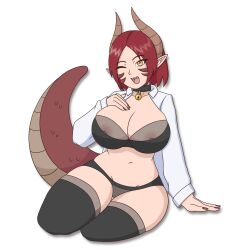 bedroom_eyes belly belly_button big_breasts bra breasts closed_eye dragon dragon_girl dragon_tail female holding_breast horns huge_breasts laughing looking_at_viewer navel nipples on_the_floor on_the_ground open_clothes open_mouth open_shirt panties plump red_hair see-through_clothing shark_teeth sharp_teeth shirt sitting smiling tail thighhighs thunder_thighs tights underwear vanilireph voluptuous voluptuous_female wink winking winking_at_viewer yellow_eyes