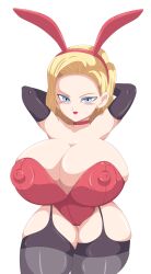 android_18 bunny_ears bunnysuit dragon_ball dragon_ball_z erect_nipples erect_nipples_under_clothes huge_breasts huge_nipples looking_at_viewer puffy_nipples toshiso