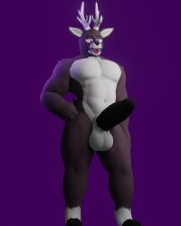 3d 3d_(artwork) anthro antlers anxiousanxiety balls big_balls big_penis black_penis deer ear_piercing erection furry furry_ears gay genitals hand_on_hip hi_res hooves huge_cock huge_penis looking_down male male_only muscular naked nude penis piercing pose posing purple_eyes reno_(anxiousanxiety) tagme thick_penis tongue tongue_out