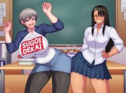 2girls big_breasts black_hair breast_size_difference brown_eyes classroom crossover female female_only grey_eyes grey_hair hairclip hayase_nagatoro hi_res hip_bump hip_to_hip light-skinned_female light_skin long_hair looking_at_viewer pantyhose please_don't_bully_me,_nagatoro school_uniform smiling smiling_at_viewer souladdicted tan_skin teeth_showing text_on_clothing thick_thighs uzaki-chan_wa_asobitai! uzaki_hana wide_hips