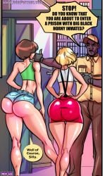 3boys ass_focus behind behind_view big_ass bimbo blonde blonde_hair bob_cut booty_shorts bottom_heavy bottom_heavy_femboy brown_hair brunette bubble_butt butt butt_focus crop_top crossdressing dark-skinned_male dark_skin dialogue femboy femboy_focus gay gay_comics girly homosexual huge_ass imminent_sex impractical_clothing interracial jaylin_(michi) jean_shorts john_persons light-skinned_femboy light-skinned_male light_skin michi_(artist) prison prison_guard round_ass seductive_pose short_hair short_shorts sissy skin_tight skindentation skirt skyler_(john_persons) speaking speech_bubble straps suspenders tight_clothing tight_shorts tight_skirt trap tubetop warning western_art yaoi