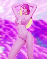 aphrodite_(fortnite) bra female fortnite fortnite:_battle_royale looking_at_viewer naked panties pink_eyes pink_hair pink_skin valtiel_x yellow_hair