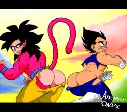 ancient-onyx ass balls butt dragon_ball dragon_ball_z gay male male_focus male_only muscles penis ripped_clothing saiyan son_goku super_saiyan_4 tail vegeta wardrobe_malfunction widow's_peak yaoi