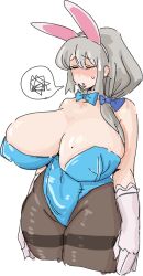 1girls bangs beauty_mark blue_bow blue_ribbon blush bow bow_in_hair bowtie bowtie_collar breasts breasts_apart bunny_ears bunnygirl bunnysuit closed_eyes collar embarrassed female gloves hairbow huge_breasts large_breasts leebongchun low_ponytail mature mature_female milf mole mole_on_breast navel navel_outline ponytail ribbon solo speech_bubble spoken_squiggle stockings sweat sweating sweaty uzaki-chan_wa_asobitai! uzaki_tsuki white_gloves white_hair