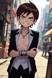 ai_generated arms_crossed ben_10 ben_tennyson blazer bracelet brown_hair business_suit cleavage dress_pants female_ben genderswap genderswap_(mtf) green_eyes necklace omnitrix open_shirt plunging_neckline rule_63 short_brown_hair short_hair small_breasts smirk suit suit_jacket unbuttoned_shirt white_dress_shirt