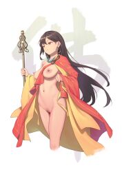 bangs bigrbear breasts brown_eyes brown_hair cloak cropped_legs earrings female highres holding holding_staff hoop_earrings jewelry long_hair medium_breasts naked_cloak navel necklace nipples nude original pussy solo staff uncensored